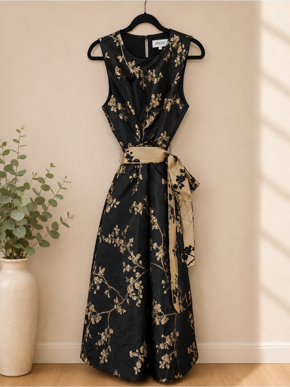 B.Right Black and Gold Floral Midi Dress with Gold Sash